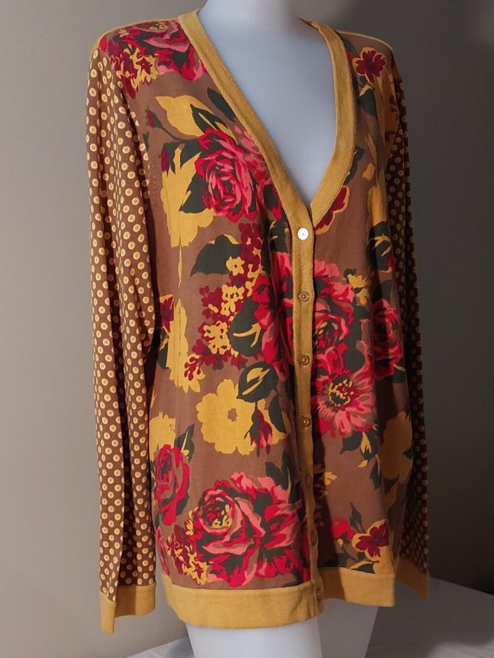 Isaac Mizrahi Live! Gold/Multi-Color Floral Polka Dot Cardigan Sweater Size: 1X